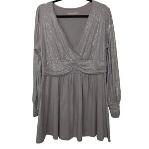 Soft Surroundings Taupe Gold Metallic Long Sleeve V-neck Stretch Tunic Top Sz L